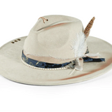 White Like Distressed wide-brim cowboy hat worn, back view