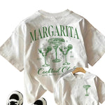 White Women's Margarita Cocktail Club graphic tee, front view, cartoon cocktail print on white cotton crew neck tee