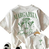 White Women's Margarita Cocktail Club graphic tee, front view, cartoon cocktail print on white cotton crew neck tee