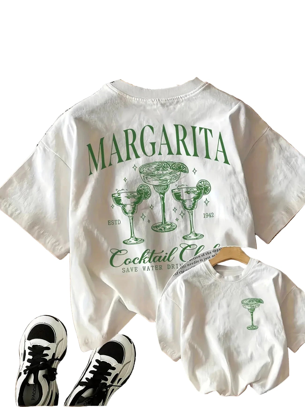 White Women's Margarita Cocktail Club graphic tee, front view, cartoon cocktail print on white cotton crew neck tee