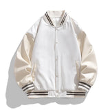 White varsity jacket with black and gray striped accents on a white background