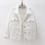 White Model wearing women's oversized white denim jacket, styled on-figure