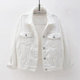 White Model wearing women's oversized white denim jacket, styled on-figure