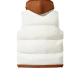 White puffer vest with brown trim on a white background