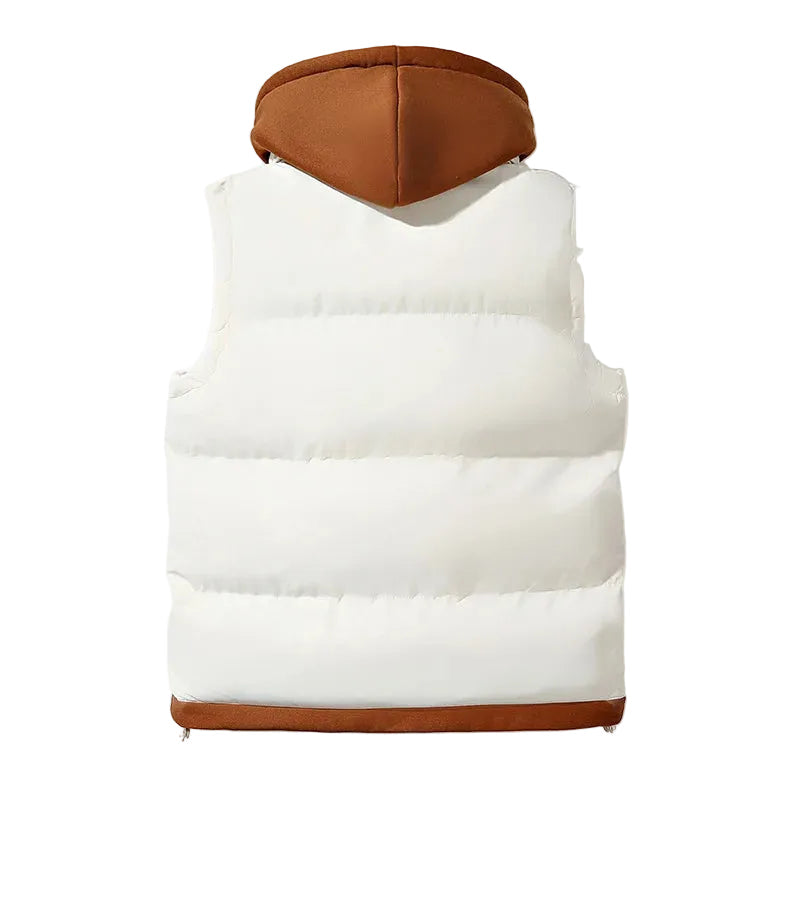 White puffer vest with brown trim on a white background