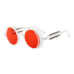 Sunglasses with red lenses and white frame on a white background