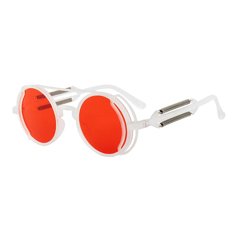 Sunglasses with red lenses and white frame on a white background
