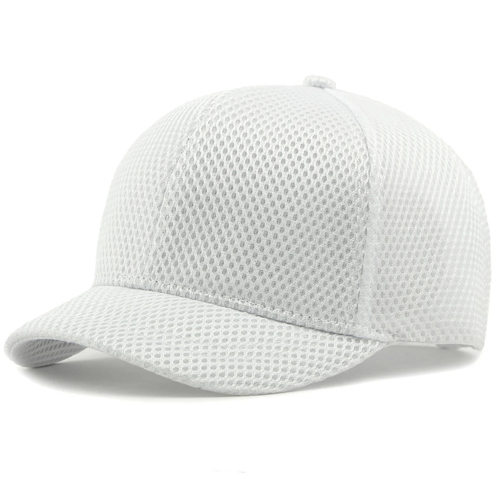 White Short brim mesh snapback baseball cap flat lay, solid color