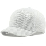 White Short brim mesh snapback baseball cap flat lay, solid color