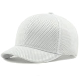 White Short brim mesh snapback baseball cap flat lay, solid color