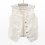 White Women's sleeveless denim vest jacket — pocket detail