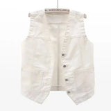 White Women's sleeveless denim vest jacket — pocket detail