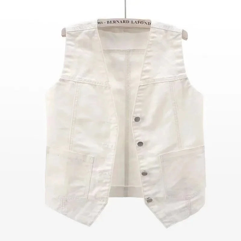 White Women's sleeveless denim vest jacket — pocket detail