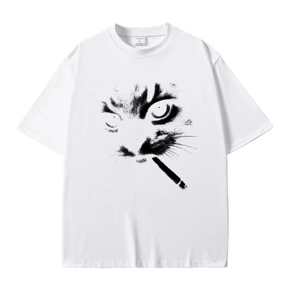 White Smoking cat graphic tee — back view, relaxed fit