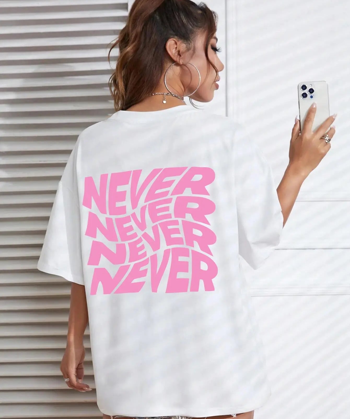 White Wavy letter print oversized graphic tee — lifestyle shot 4