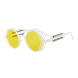 Sunglasses with yellow lenses and white frames on a white background