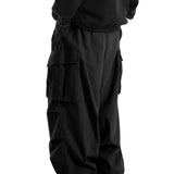 Wide-leg cargo pants, side view