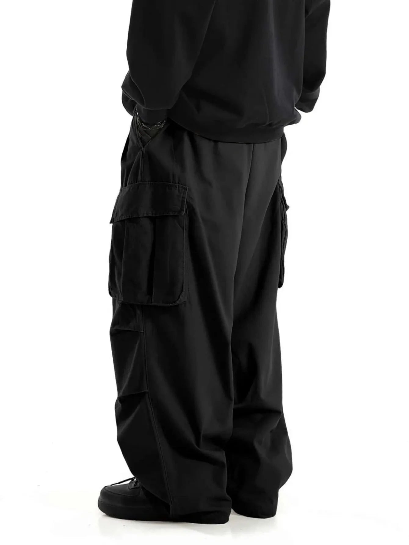 Wide-leg cargo pants, side view