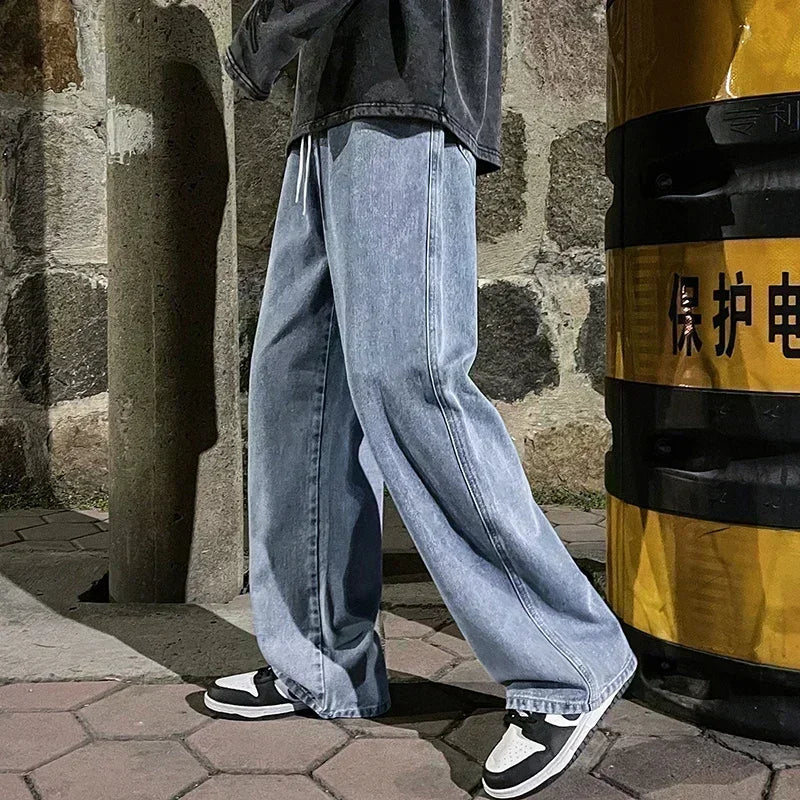 Men's wide-leg loose jeans, elastic waist detail