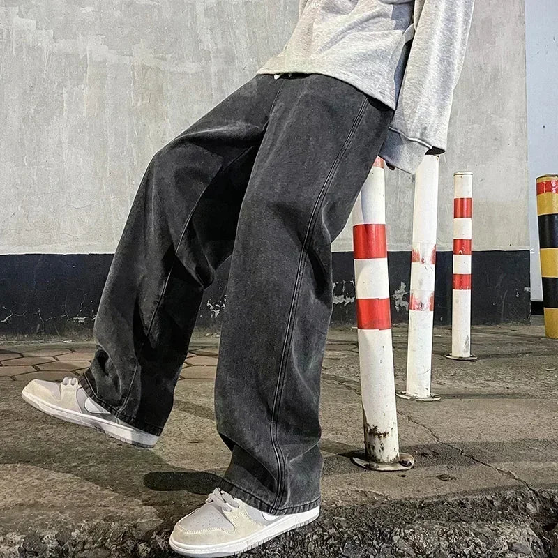 Men's wide-leg loose jeans, front view