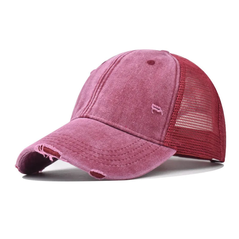 Wine Red Distressed vintage wash trucker hat, fourth lifestyle shot