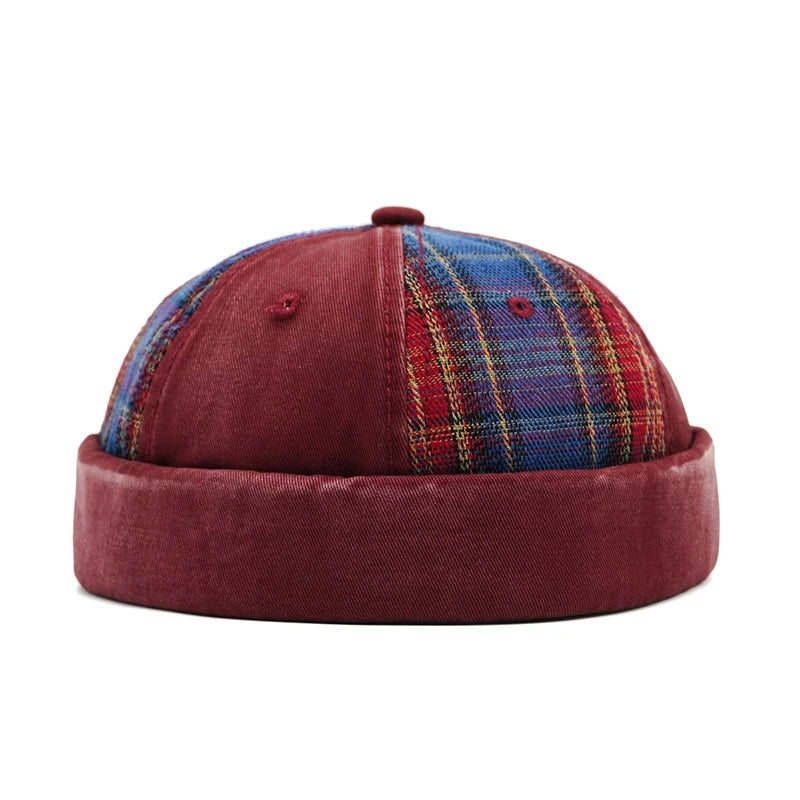 Wine Red Plaid docker cap worn, side lifestyle view
