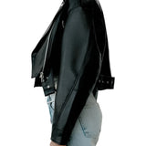 PU Leather Biker Jacket with Belt - Black Moto Coat