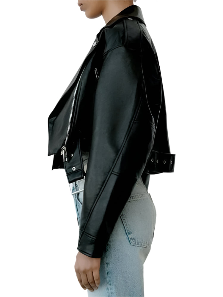 PU Leather Biker Jacket with Belt - Black Moto Coat