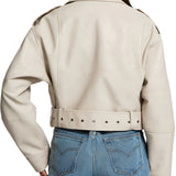 Women's Cropped Faux Leather Belted Moto Jacket