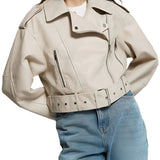 Women's Cropped Faux Leather Belted Moto Jacket
