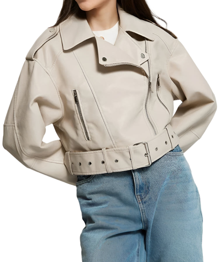 Women's Cropped Faux Leather Belted Moto Jacket