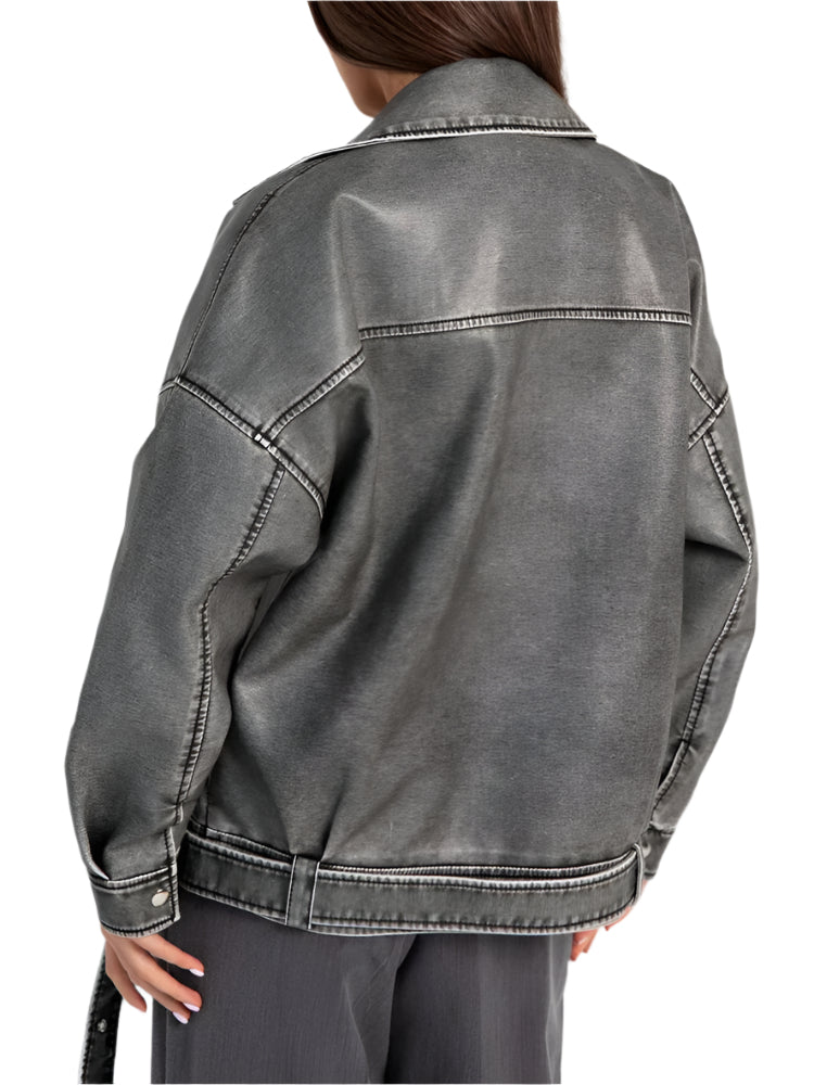 Women's Oversized Washed Denim Moto Jacket