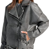 Women's Oversized Washed Denim Moto Jacket