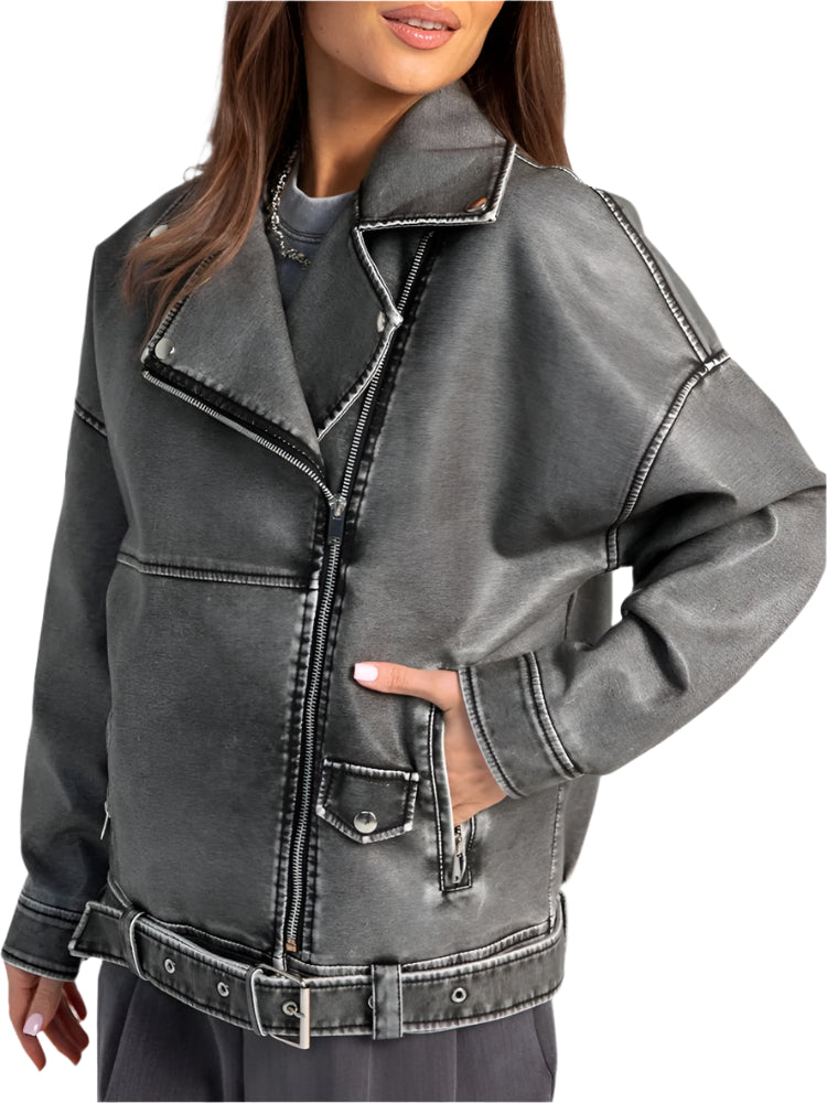 Women's Oversized Washed Denim Moto Jacket