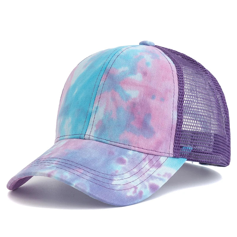 Womens Tie Dye Ponytail Trucker Hat