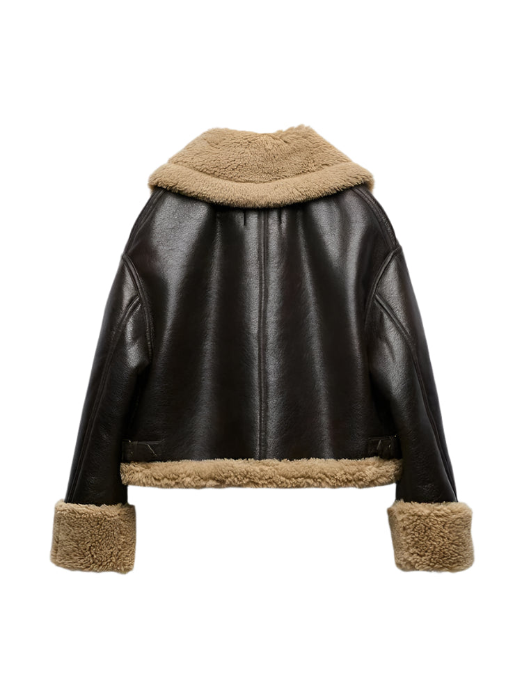 Women's Shearling Aviator Jacket - Brown Faux Leather