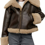 Women's Shearling Aviator Jacket - Brown Faux Leather