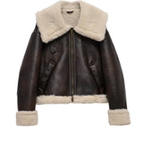 Women's Shearling Aviator Jacket - Brown Faux Leather