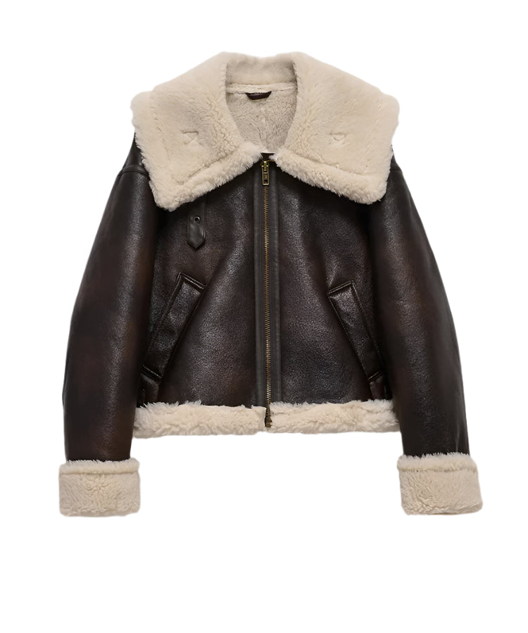 Women's Shearling Aviator Jacket - Brown Faux Leather