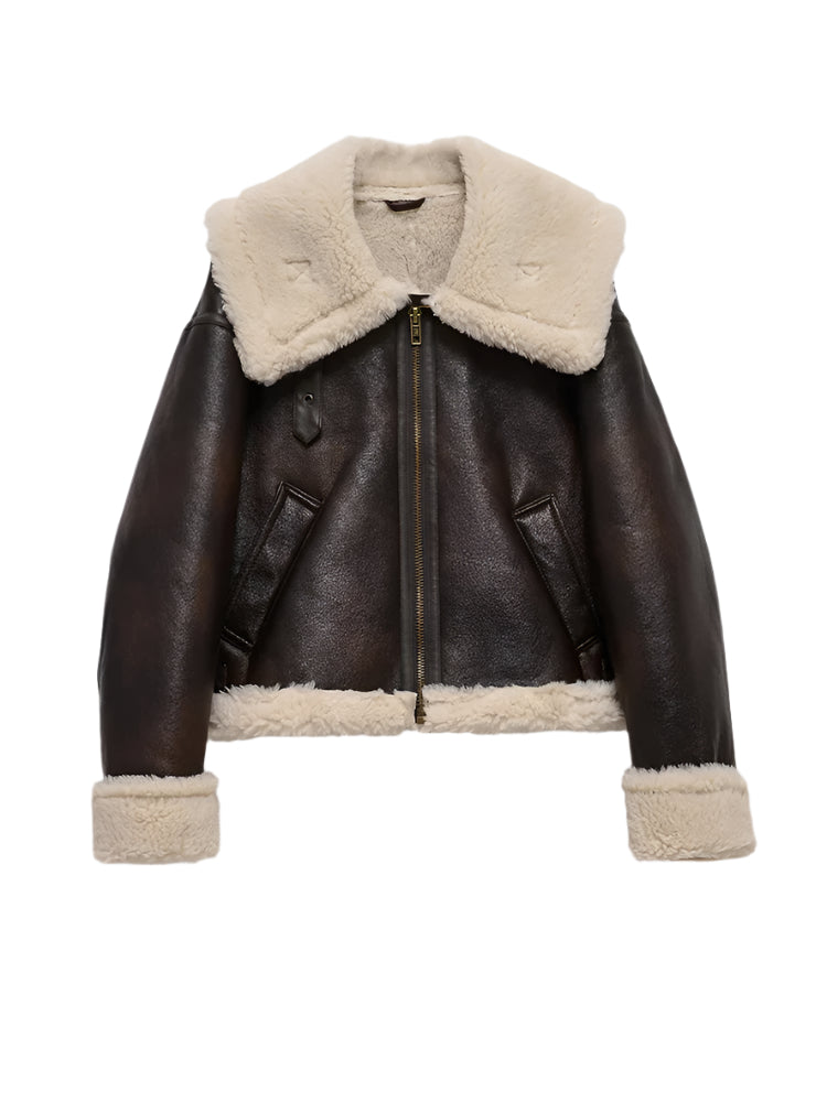 Women's Shearling Aviator Jacket - Brown Faux Leather