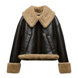 Women's Shearling Aviator Jacket - Brown Faux Leather