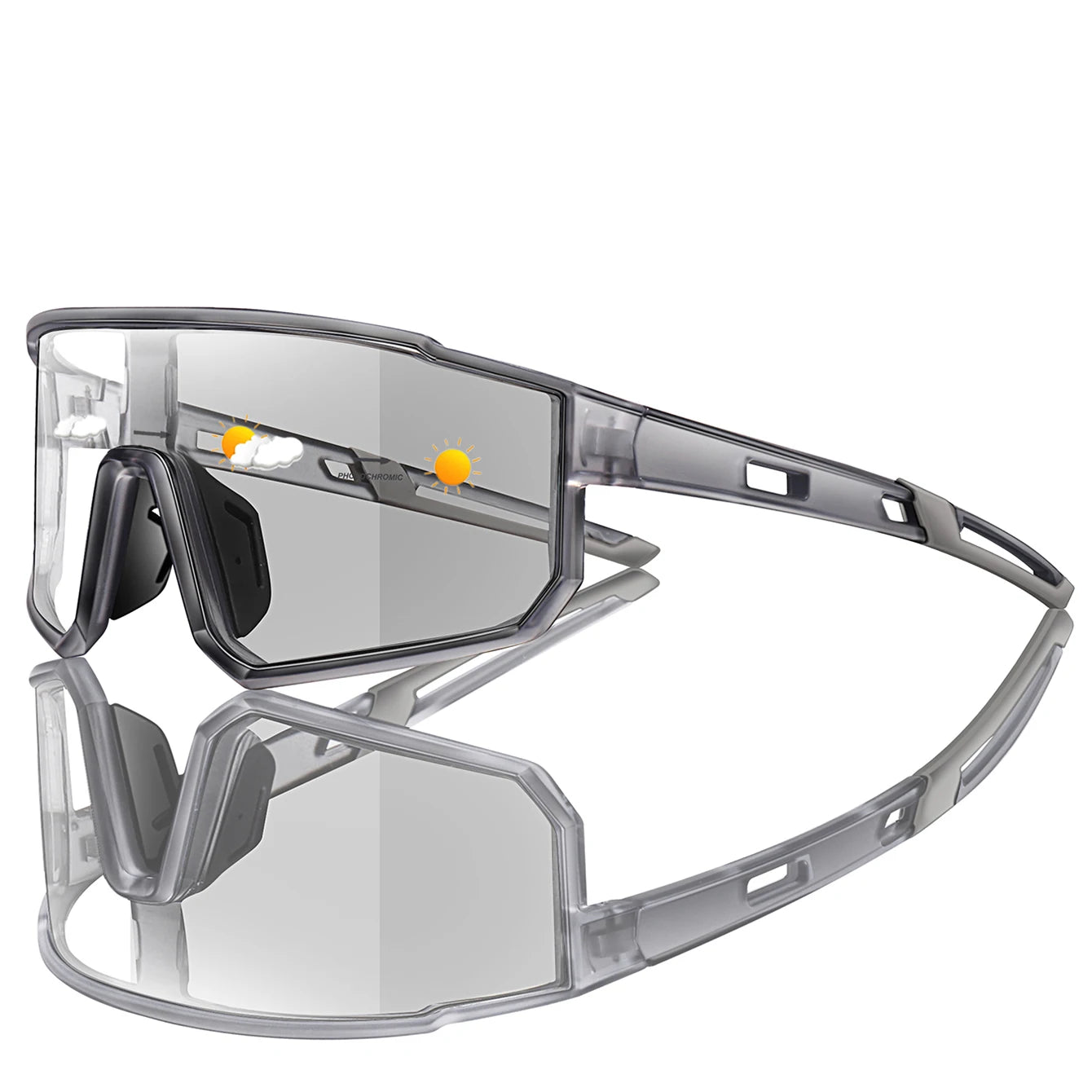 Wraparound photochromic sport sunglasses, angled view