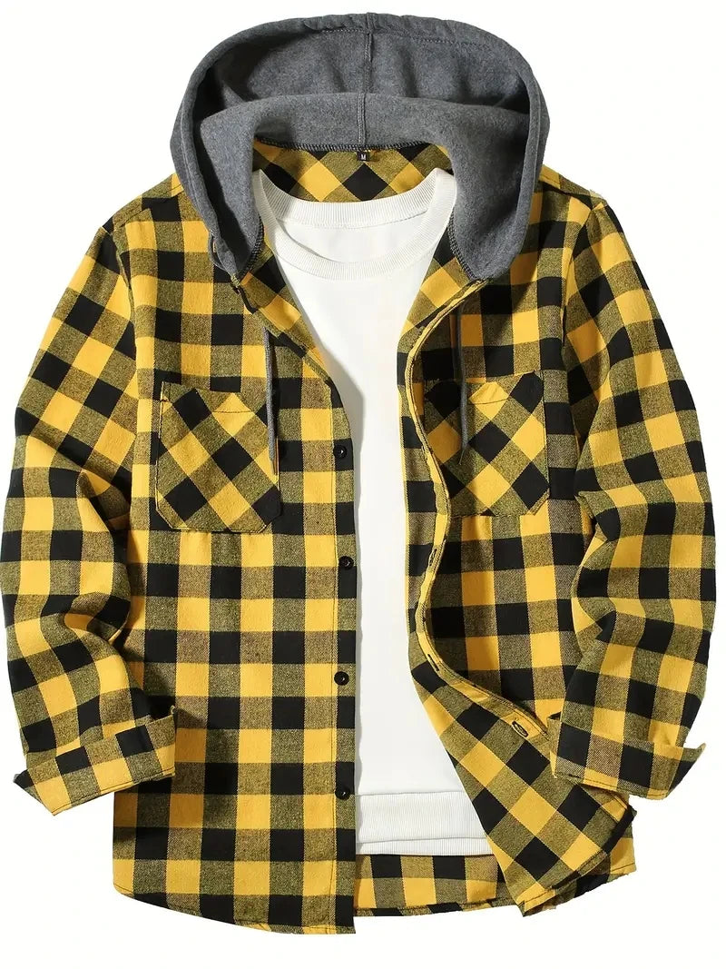 Yellow Hooded flannel shirt worn buttoned up