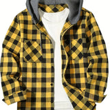 Yellow Hooded flannel shirt worn buttoned up