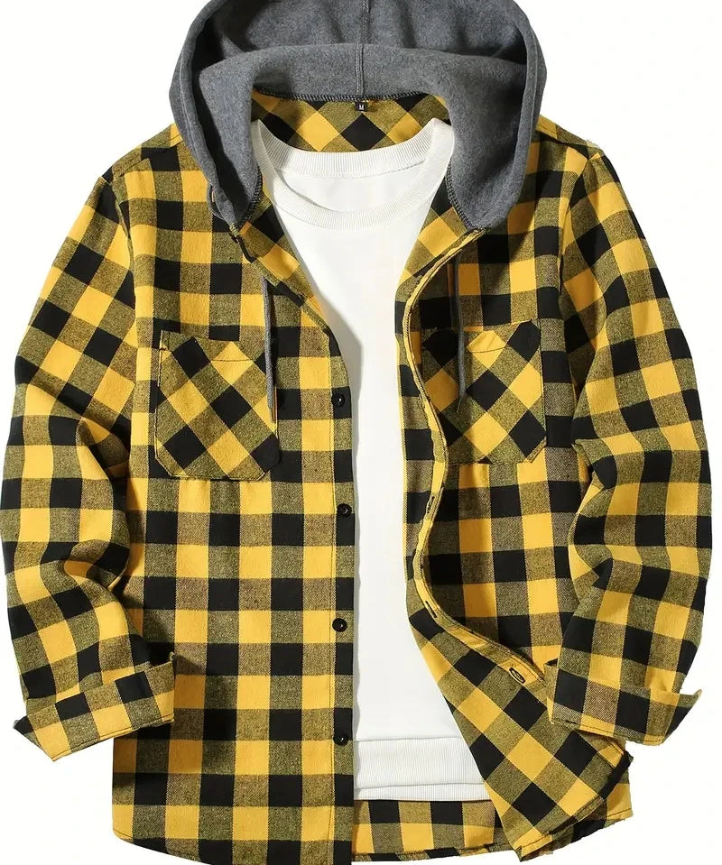 Yellow Hooded flannel shirt worn buttoned up