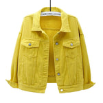Yellow Women's oversized black denim jacket, front view, turn-down collar