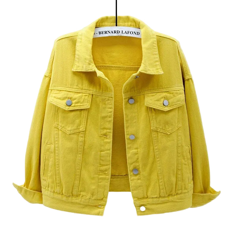 Yellow Women's oversized black denim jacket, front view, turn-down collar