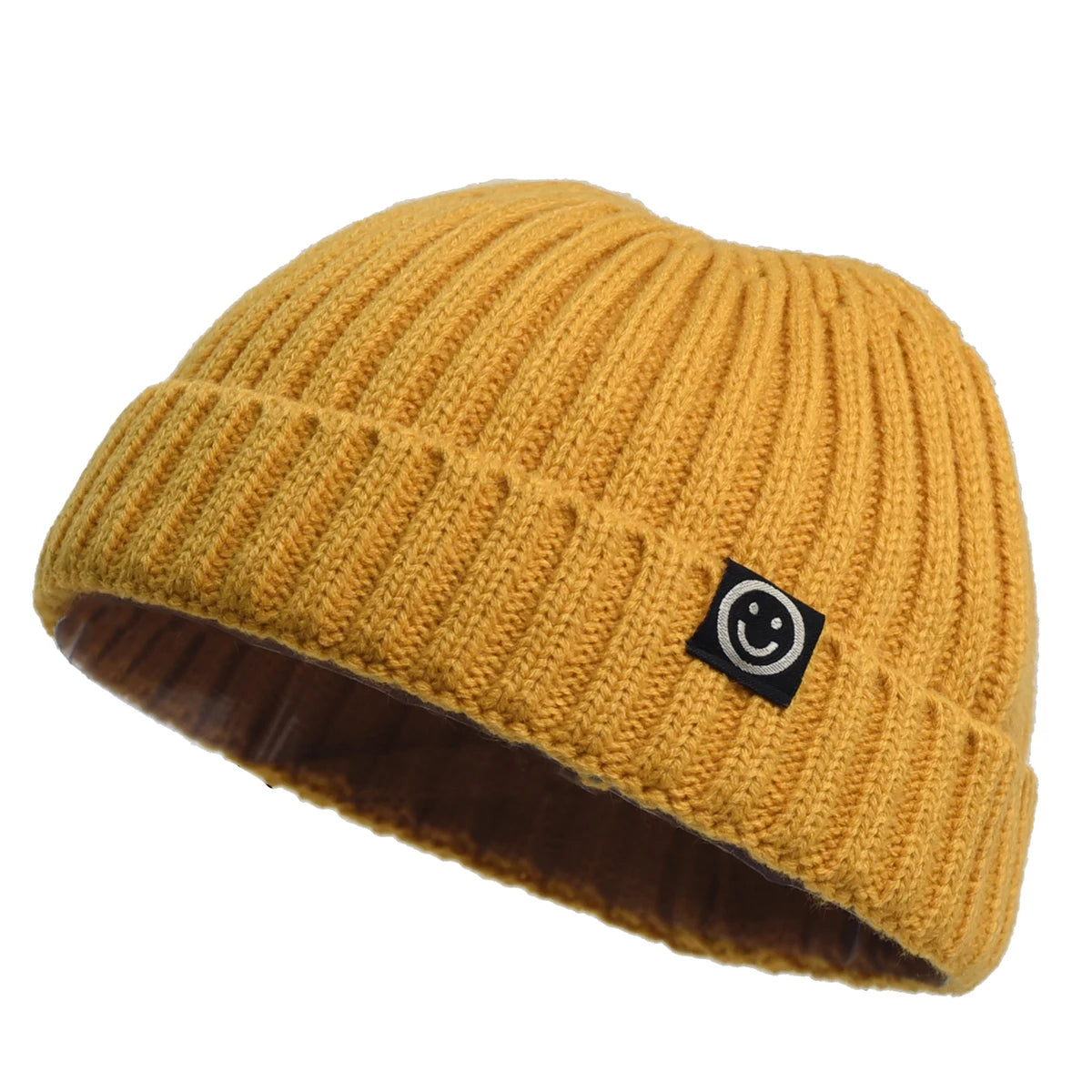 Yellow knit beanie with a black logo on a white background