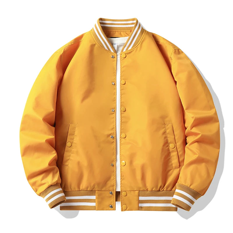Yellow varsity jacket with white accents on a white background