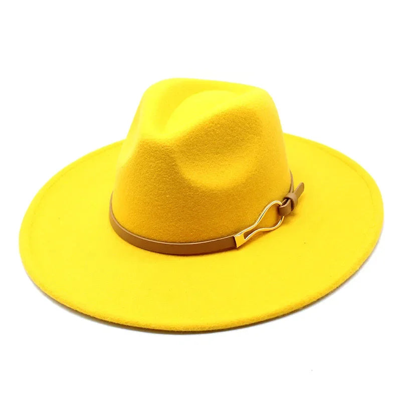 Yellow Wide-brim fedora hat worn, close-up detail